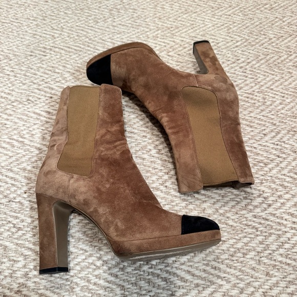 CHANEL Brown and Black Heeled Suede Ankle Boots | Size 38 - Picture 4 of 7